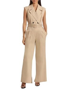 Avec Les Filles Sleeveless Double-Breasted Wide-Leg Jumpsuit in Beige